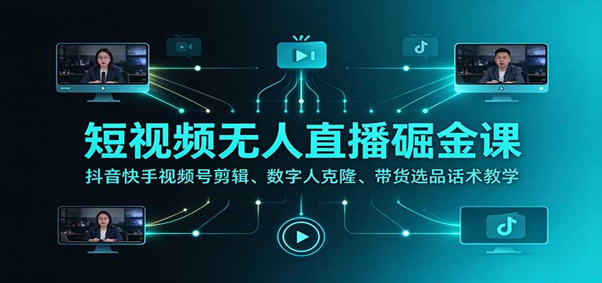 短视频无人直播掘金课：抖音快手视频号剪辑、数字人克隆、带货选品话术教学-知创网