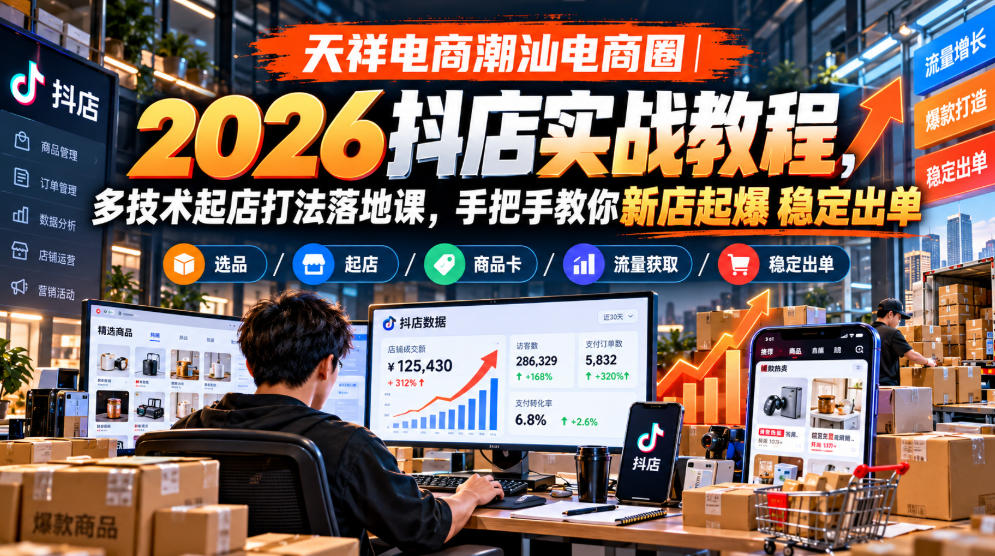 天祥电商潮汕电商圈｜2026抖店实战教程，多技术起店打法落地课，手把手教你新店起爆稳定出单-知创网