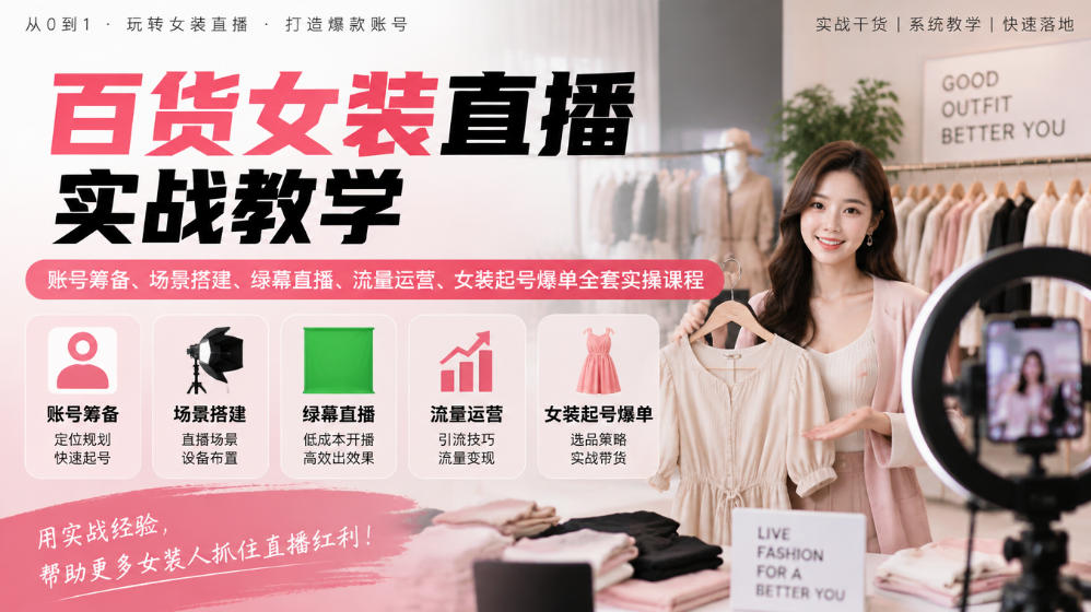 百货女装直播实战教学｜账号筹备、场景搭建、绿幕直播、流量运营、女装起号爆单全套实操课程-知创网
