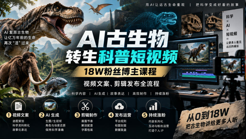 AI古生物转生科普短视频，18W粉丝博主课程，视频文案、剪辑发布全流程-知创网
