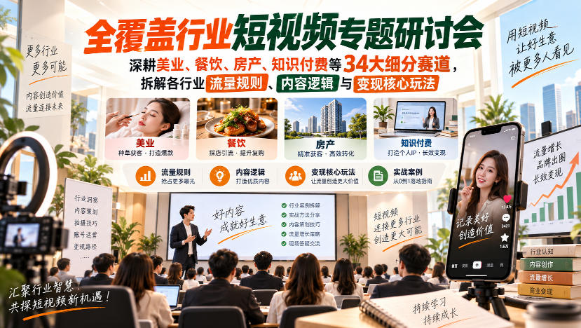 短视频专题研讨会，深耕美业、餐饮、房产、知识付费等34大细分赛道，拆解各行业流量规则、内容逻辑与变现核心玩法（更新1011）-知创网