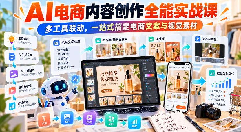 【无水印】AI电商内容创作全能实战课｜多工具联动，一站式搞定电商文案与视觉素材-知创网