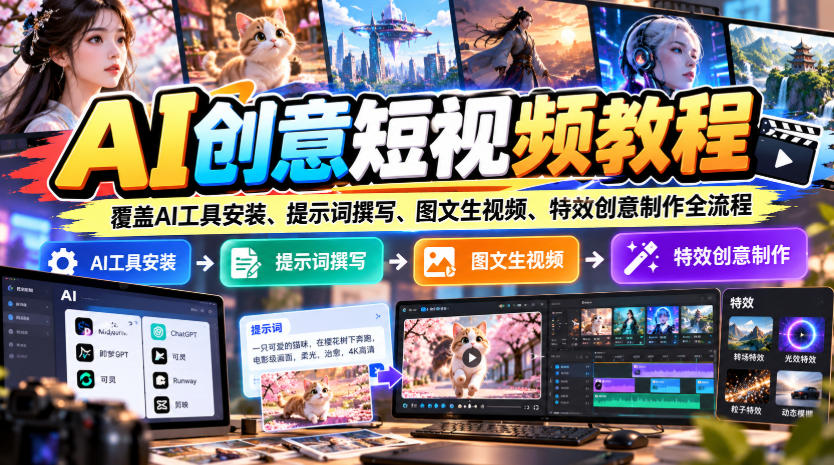 AI创意短视频教程，覆盖AI工具安装、提示词撰写、图文生视频、特效创意制作全流程-知创网