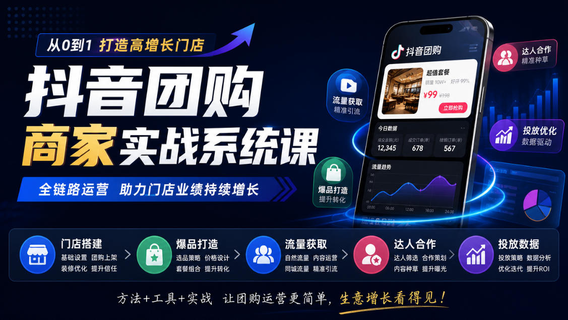 抖音团购商家实战系统课｜门店搭建、爆品打造、流量获取、达人合作、投放数据全链路运营-知创网