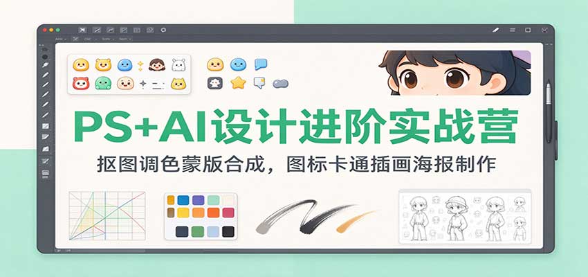 PS+AI设计进阶实战营：抠图调色蒙版合成，图标卡通插画海报制作-知创网