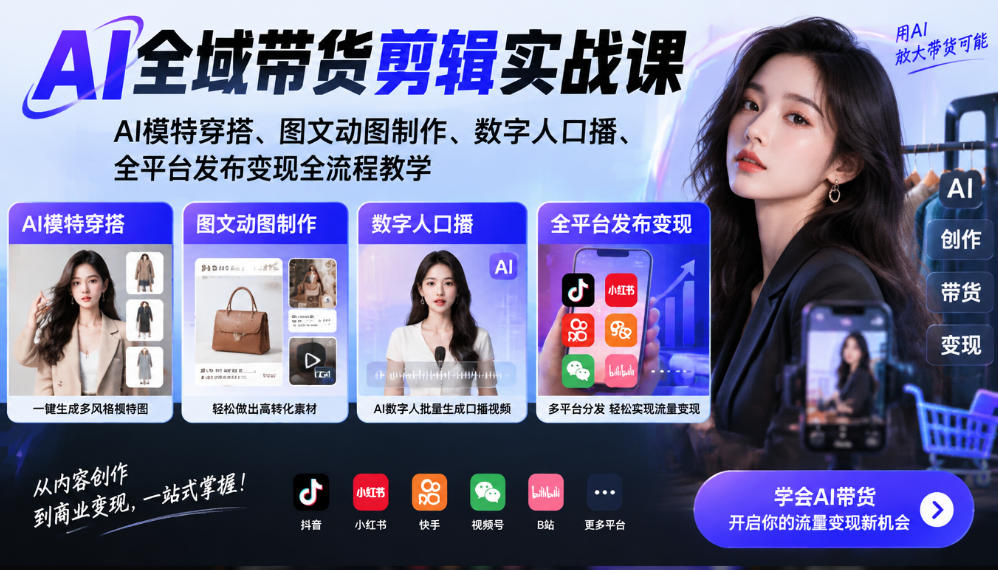 AI全域带货剪辑实战课｜AI模特穿搭、图文动图制作、数字人口播、全平台发布变现全流程教学-知创网