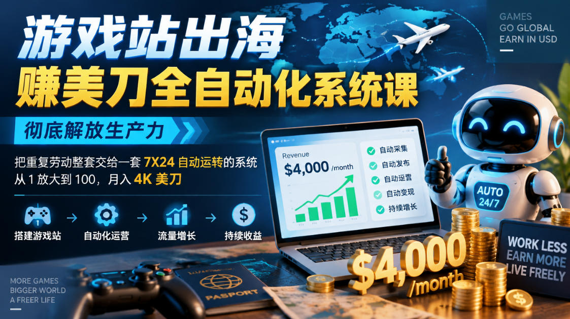 游戏站出海賺美刀全自动化系统课，彻底解放生产力–把重复劳动整套交给一套7X24自动运转的系统，从1放大到100，月入4K美刀-知创网