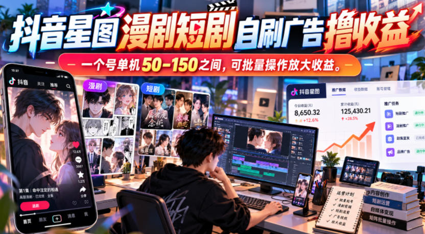 抖音星图漫剧短剧自刷广告撸收益,一个号单机50-150之间,可批量操作放大收益-知创网