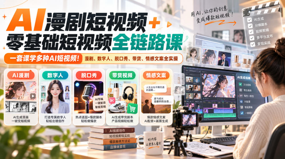 AI漫剧短视频+零基础短视频全链路课，一套课学多种AI短视频！漫剧、数字人、脱口秀、带货、情感文案全实操-知创网