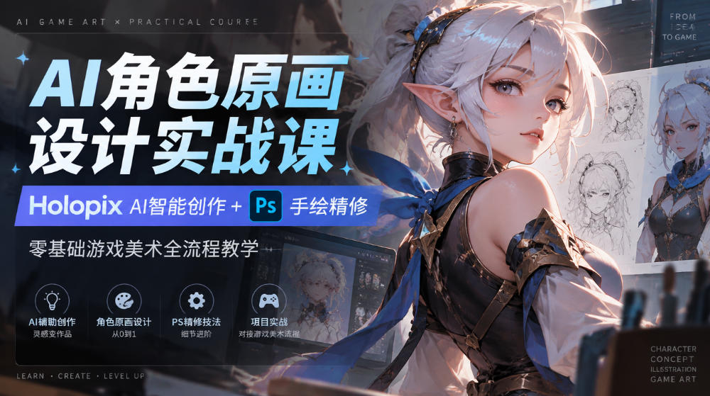 AI角色原画设计实战课|Holopix AI智能创作+PS手绘精修,零基础游戏美术全流程教学-知创网