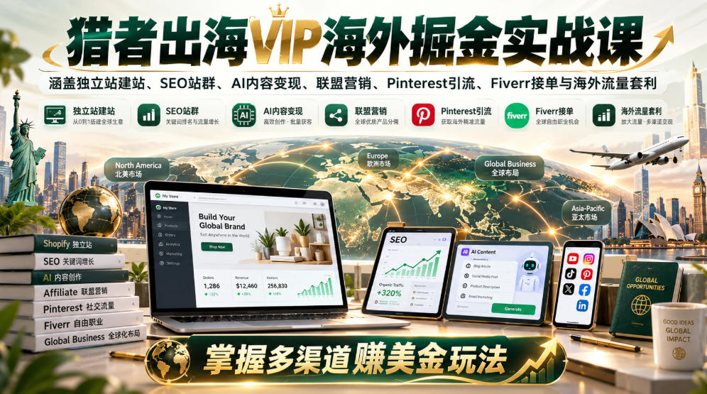 猎者出海VIP海外掘金实战课:涵盖独立站、SEO站群、AI变现、联盟营销、Pinterest引流、Fiverr接单与海外流量套利,掌握多渠道賺美金玩法-知创网