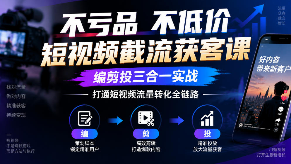 不亏品不低价短视频截流获客课，编剪投三合一实战，打通短视频流量转化全链路-知创网