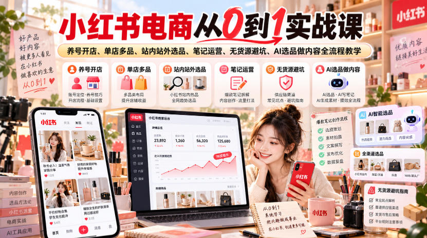 小红书电商从0到1实战课｜养号开店、单店多品、站内站外选品、笔记运营、无货源避坑、AI选品做内容全流程教学-知创网