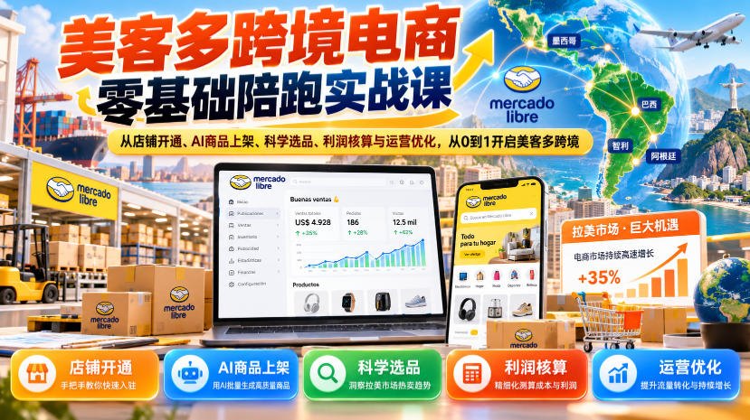 美客多跨境电商零基础陪跑实战课：从店铺开通、AI商品上架、科学选品、利润核算与运营优化，从0到1开启美客多跨境-知创网