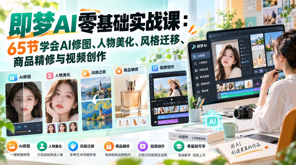 即梦AI零基础实战课：65节学会AI修图、人物美化、风格迁移、商品精修与视频创作-知创网