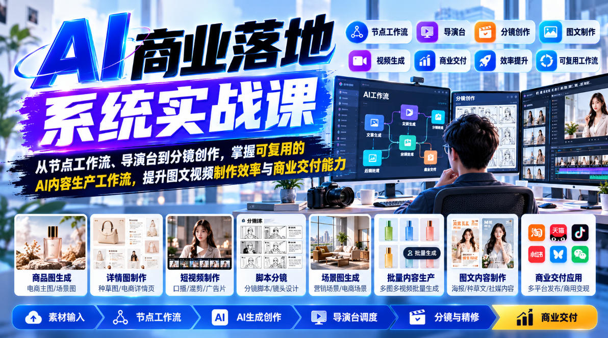 【无水印】AI商业落地系统实战课，从节点工作流、导演台到分镜创作，掌握可复用的AI内容生产工作流，提升图文视频制作效率与商业交付能力-知创网