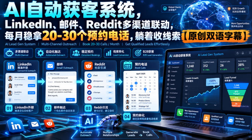 【无水印】AI自动获客系统，LinkedIn、邮件、Reddit多渠道联动，每月稳拿20-30个预约电话，躺着收线索【原创双语字幕】-知创网