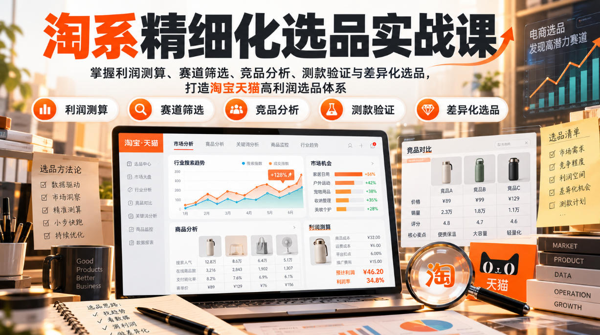 淘系精细化选品实战课：掌握利润测算、赛道筛选、竞品分析、测款验证与差异化选品，打造淘宝天猫高利润选品体系-知创网