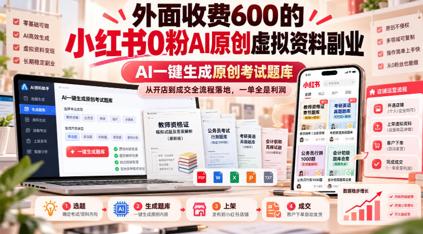 外面收费600的小红书0粉AI原创虚拟资料副业,AI一键生成原创考试题库,从开店到成交全流程落地,一单全是利润-知创网