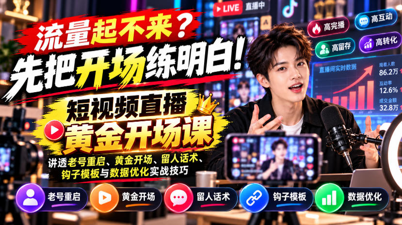 【无水印】流量起不来？先把开场练明白！短视频直播黄金开场课，讲透老号重启、黄金开场、留人话术、钩子模板与数据优化实战技巧-知创网
