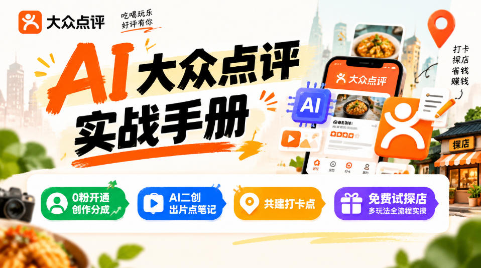 某局的AI大众点评实战手册，0粉开通创作分成、AI二创出片点笔记、共建打卡点、免费试探店多玩法全流程实操-知创网