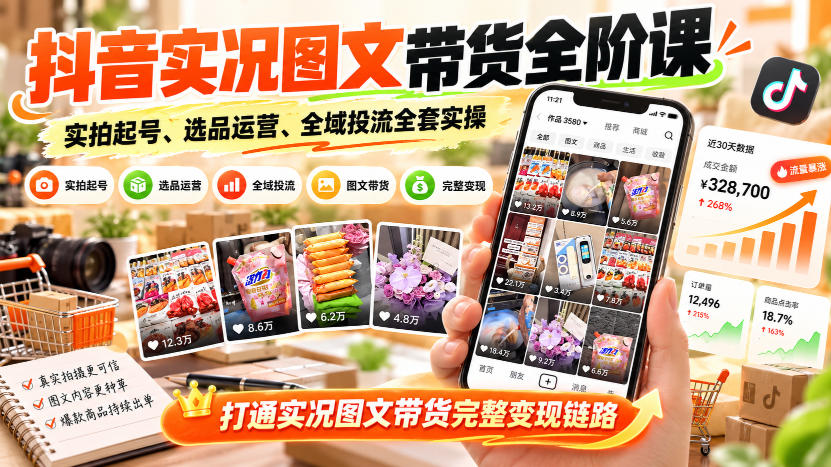 抖音实况图文带货全阶课|实拍起号、选品运营、全域投流全套实操,打通实况图文带货完整变现链路-知创网