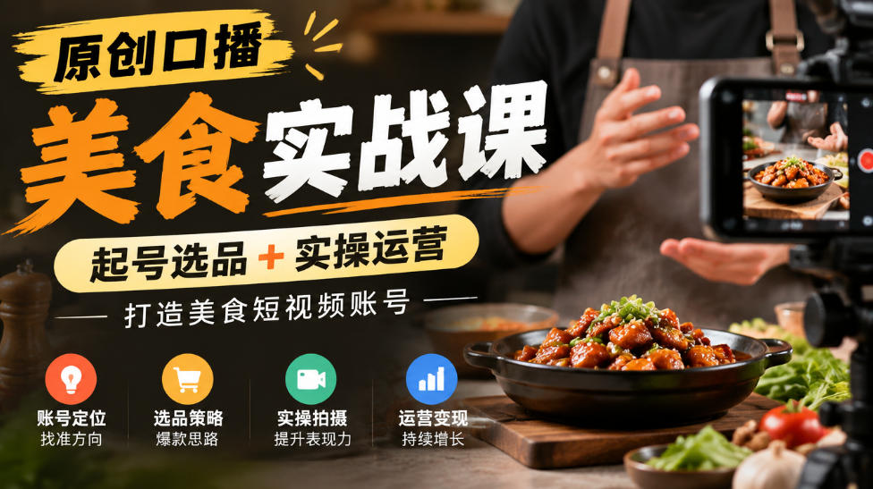 原创口播美食实战课，起号选品+实操运营，打造美食短视频账号-知创网