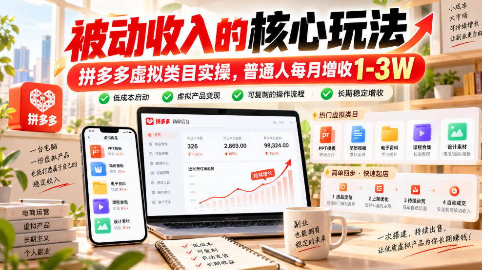 被动收入的核心玩法，拼多多虚拟类目实操，普通人每月增收1-3W【揭秘】-知创网