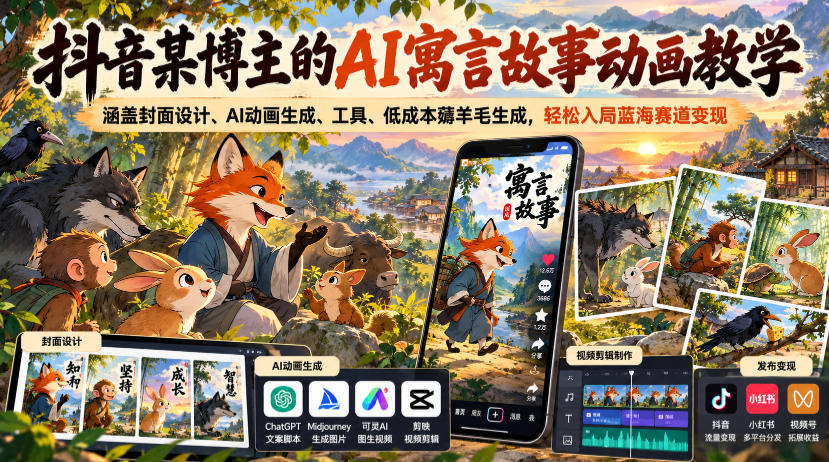抖音某博主的AI寓言故事动画教学，涵盖封面设计、AI动画生成、工具、低成本薅羊毛生成，轻松入局蓝海赛道变现-知创网