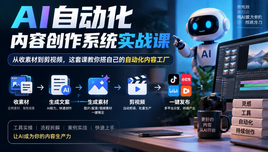 AI自动化内容创作系统实战课，从收素材到剪视频，这套课教你搭自己的自动化内容工厂-知创网