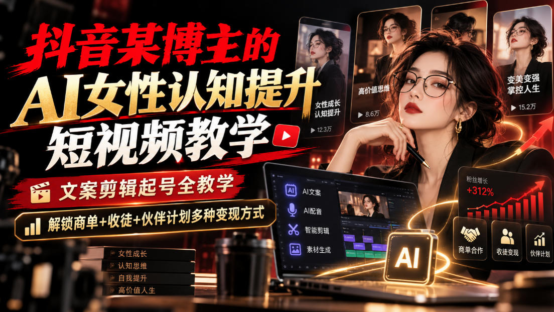 抖音某博主的Ai女性认知提升短视频教学，文案剪辑起号全教学，解锁商单+收徒+伙伴计划多种变现方式-知创网
