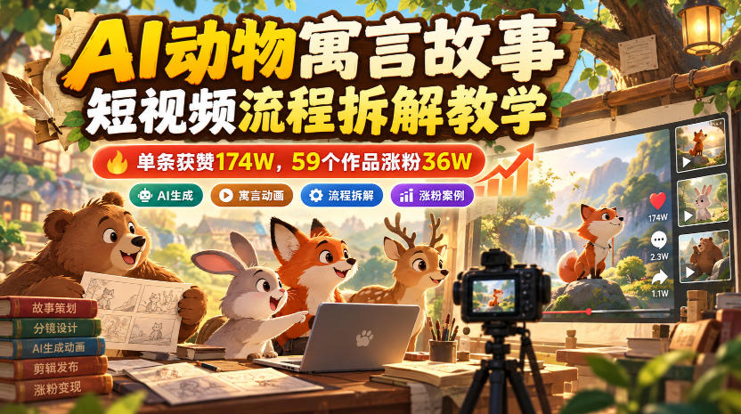 AI动物寓言故事短视频流程拆解教学,单条获赞174W,59个作品涨粉36W-知创网
