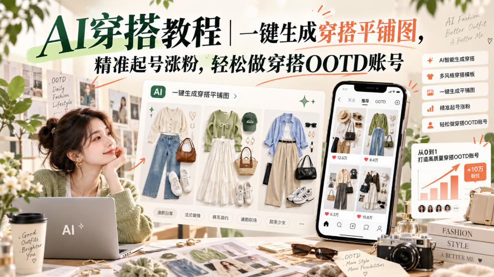 AI穿搭教程｜一键生成穿搭平铺图，精准起号涨粉，轻松做穿搭OOTD账号-知创网
