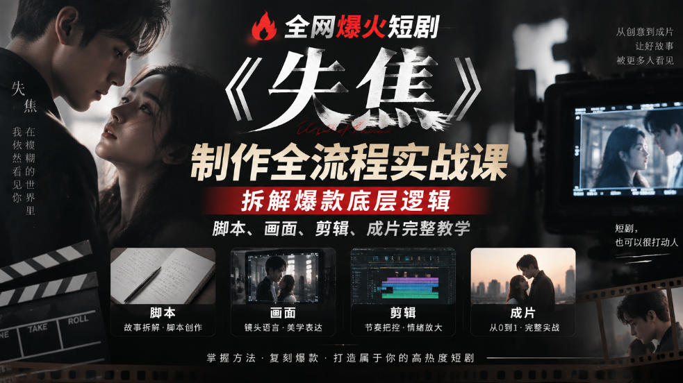 全网爆火短剧《失焦》制作全流程实战课｜拆解爆款底层逻辑，脚本、画面、剪辑、成片完整教学-知创网