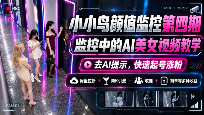 小小鸟颜值监控第四期,监控中的AI美女视频教学,去AI提示,快速起号涨粉,网盘拉新+商K引流+收徒+商单等多种收益-知创网