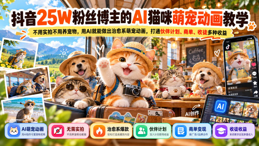 抖音25W粉丝博主的AI猫咪萌宠动画教学，不用实拍不用养宠物，用AI就能做出治愈系萌宠动画，打通伙伴计划、商单、收徒多种收益-知创网