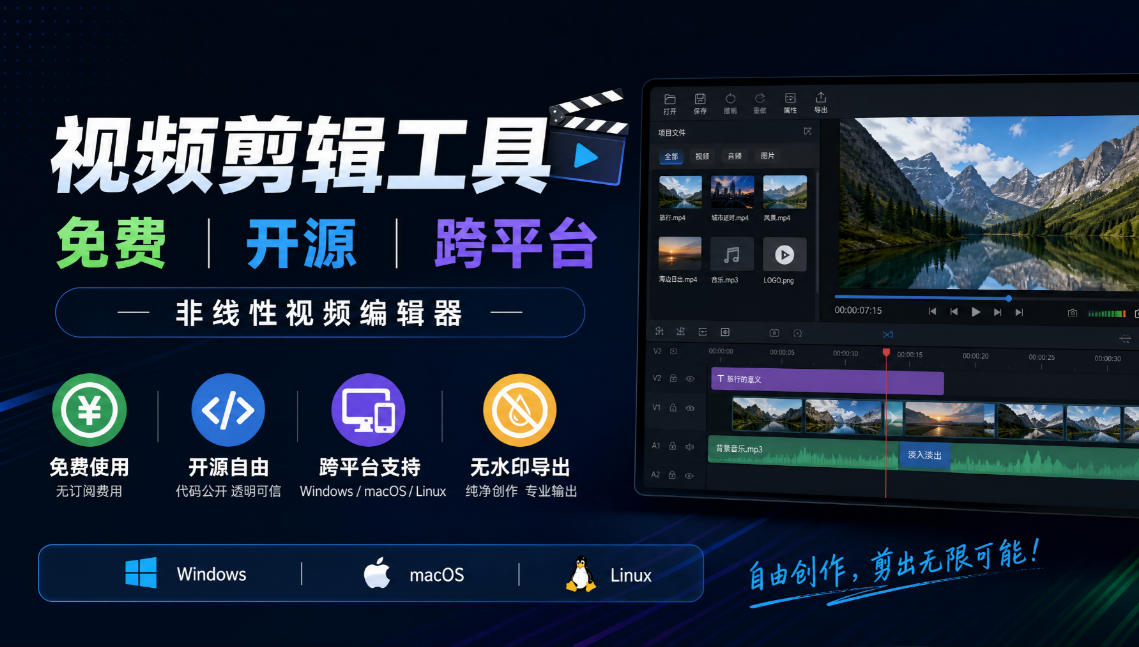 视频剪辑工具，免费、开源、跨平台，非线性视频编辑器，支持Windows、macOS、Linux，无水印、无订阅费用-知创网