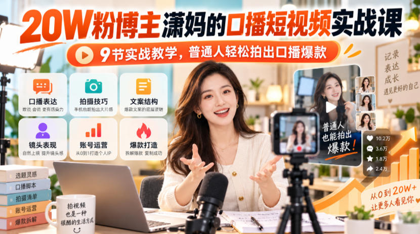20W粉博主潇妈的口播短视频实战课，9节实战教学，普通人轻松拍出口播爆款-知创网