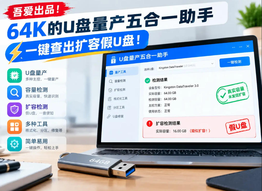 吾爱出品！64K的U盘量产五合一助手，一键查出扩容假U盘！-知创网