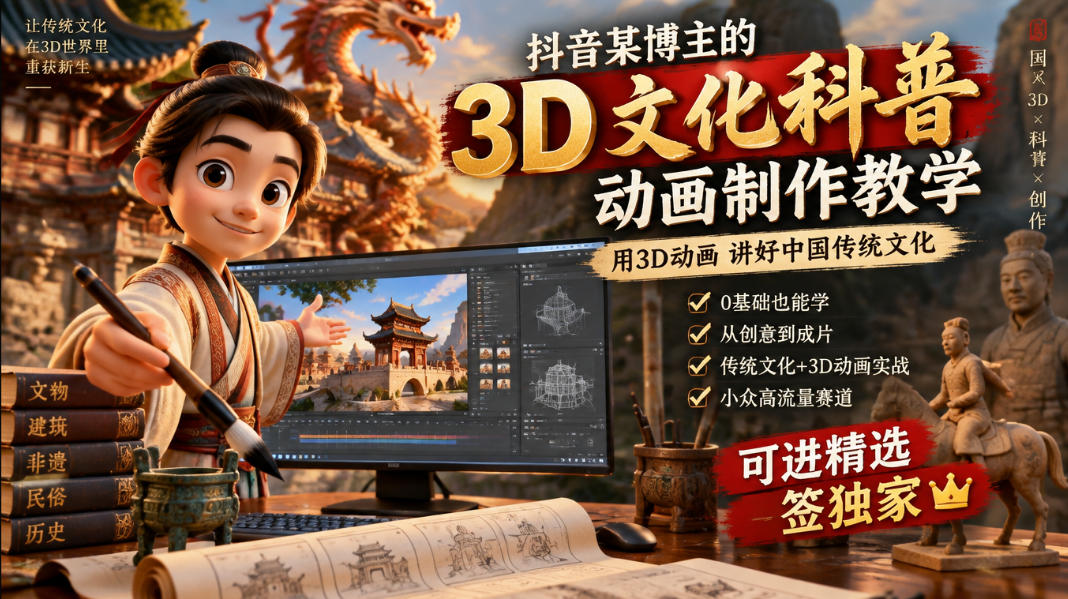 抖音某博主的3D文化科普动画制作教学,用3D动画呈现中国传统文化,可进精选签独家,单日收益1k+-知创网