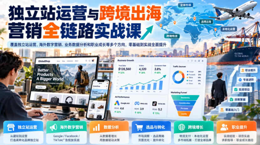独立站运营与跨境出海营销全链路实战课，覆盖独立站运营、海外数字营销、业务数据分析和职业成长等多个方向，零基础到实战全面提升-知创网