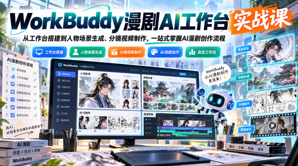 WorkBuddy漫剧AI工作台实战课：从工作台搭建到人物场景生成、分镜视频制作，一站式掌握AI漫剧创作流程-知创网