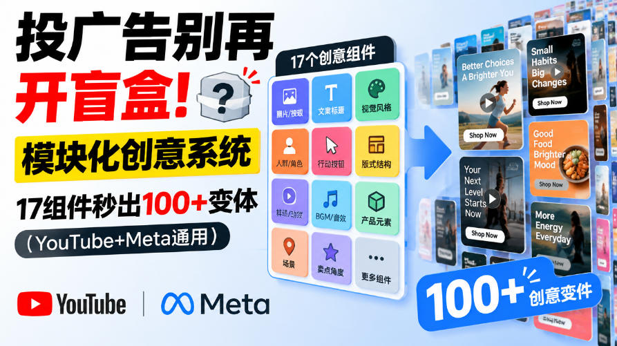 投广告别再开盲盒！模块化创意系统，17组件秒出100+变体（YouTube+Meta通用）【原创双语字幕】-知创网