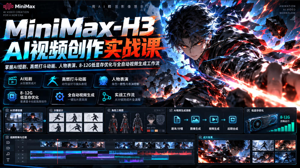 MiniMax-H3 AI视频创作实战课，掌握AI短剧、高燃打斗动画、人物表演、8-12G低显存优化与全自动视频生成工作流-知创网