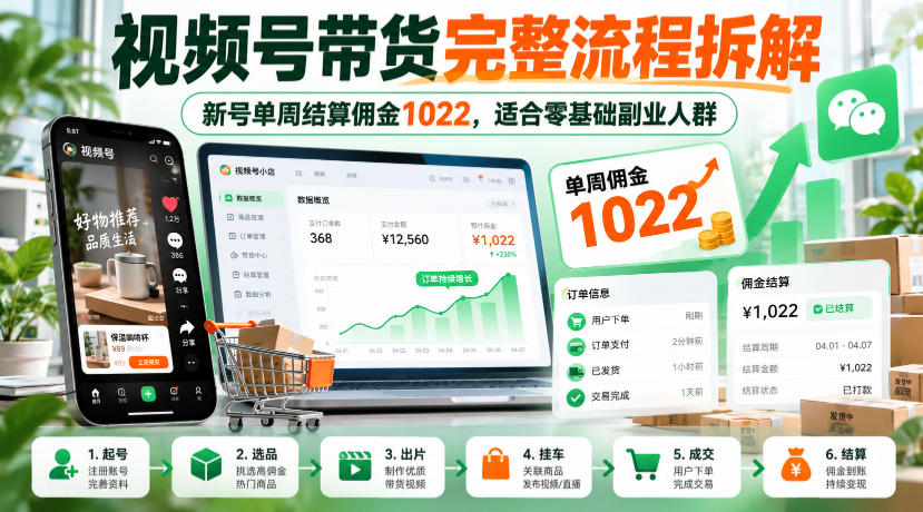 视频号带货完整流程拆解，新号单周结算佣金1022，适合零基础副业人群-知创网