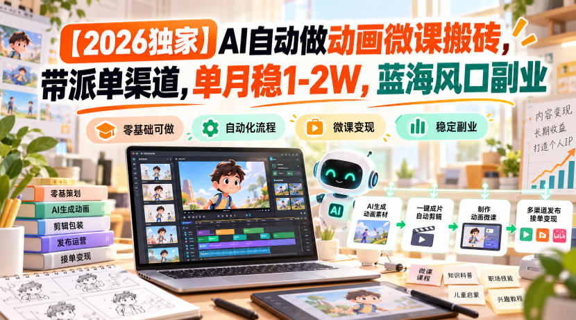 【2026独家】AI自动做动画微课搬砖，带派单渠道，单月稳1-2W，蓝海风口副业【揭秘】-知创网