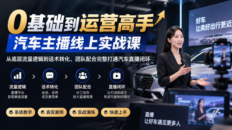 0基础到运营高手，汽车主播线上实战课，从底层流量逻辑到话术转化、团队配合完整打通汽车直播闭环-知创网