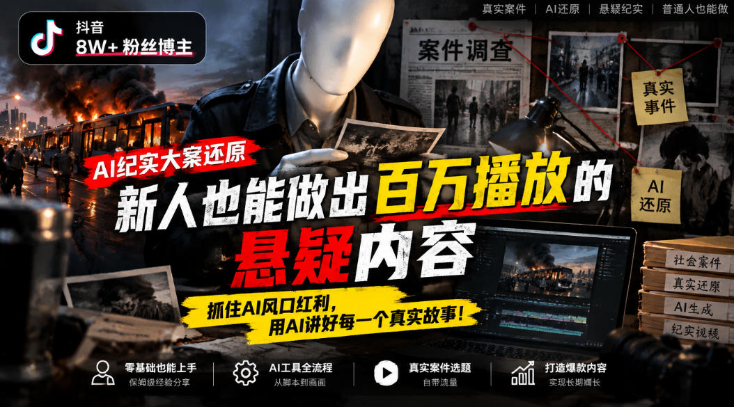 抖音8W粉丝博主的AI纪实大案还原教学，新人也能做出百W播放的悬疑内容，抓住AI风口红利，用AI讲好每一个真实故事-知创网