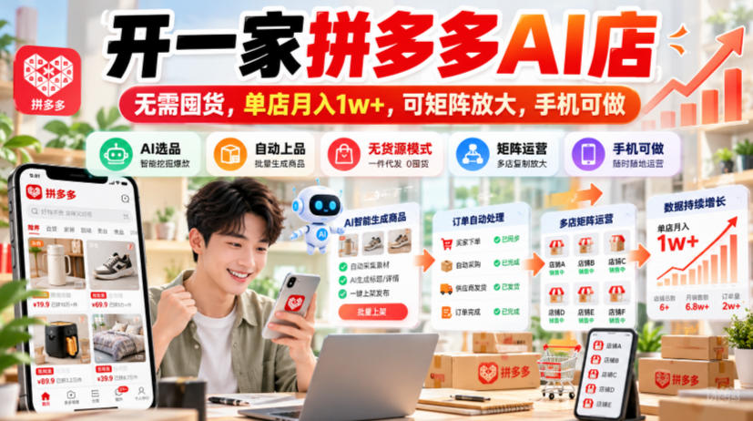 开一家拼多多AI店，无需囤货，单店月入1w+，可矩阵放大，手机可做【揭秘】-知创网