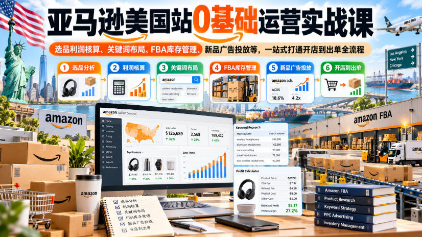 亚马逊美国站0基础运营实战课｜选品利润核算、关键词布局、FBA库存管理、新品广告投放等，一站式打通开店到出单全流程-知创网